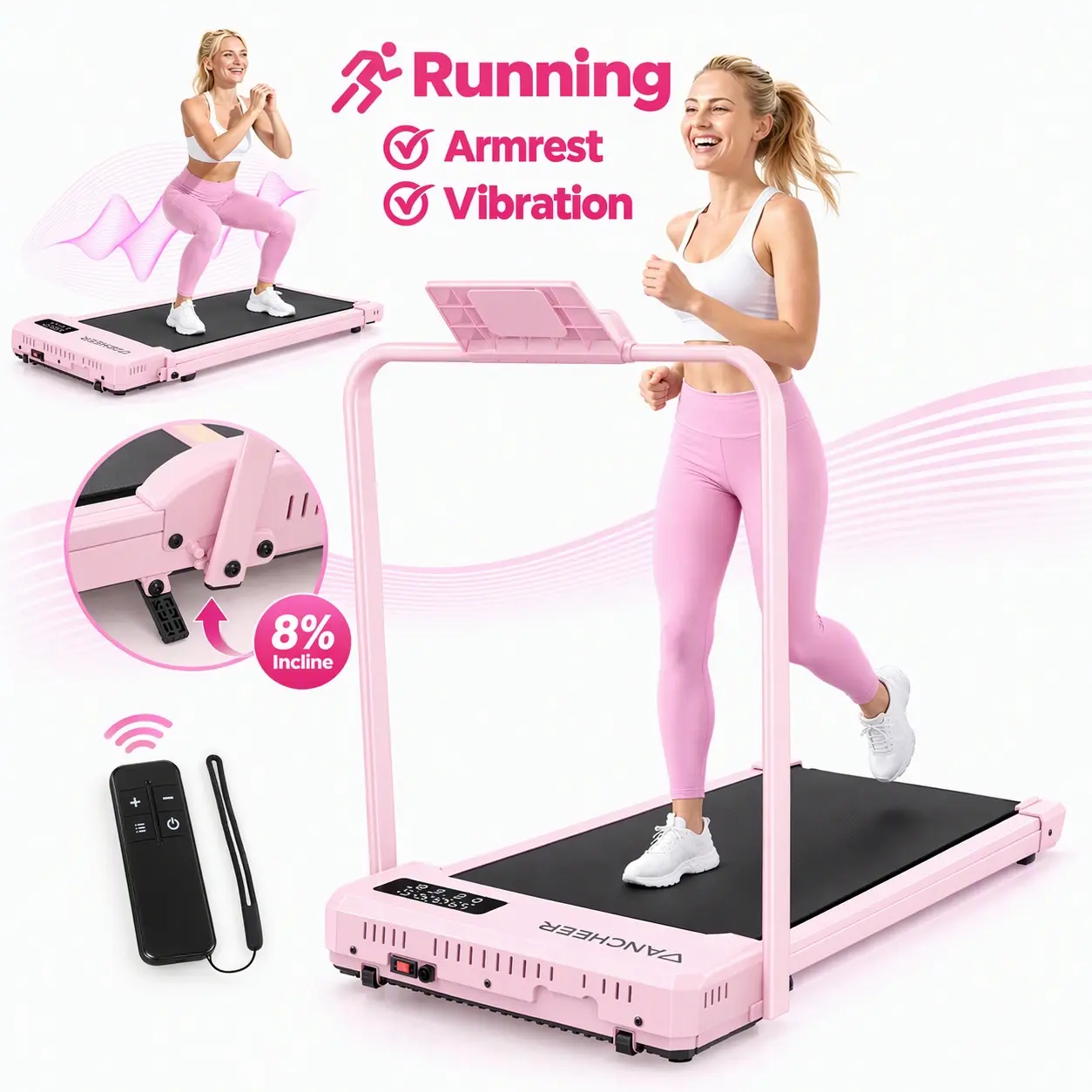ANCHEER 3-in-1 Walking Pad, Pink Walking Pad, Lightweight Treadmill, High Capacity, Low-Noise Motor Walking Pad, Remote Control & Wheels for Easy Mobility, LED Display, Vibration Walking Pad