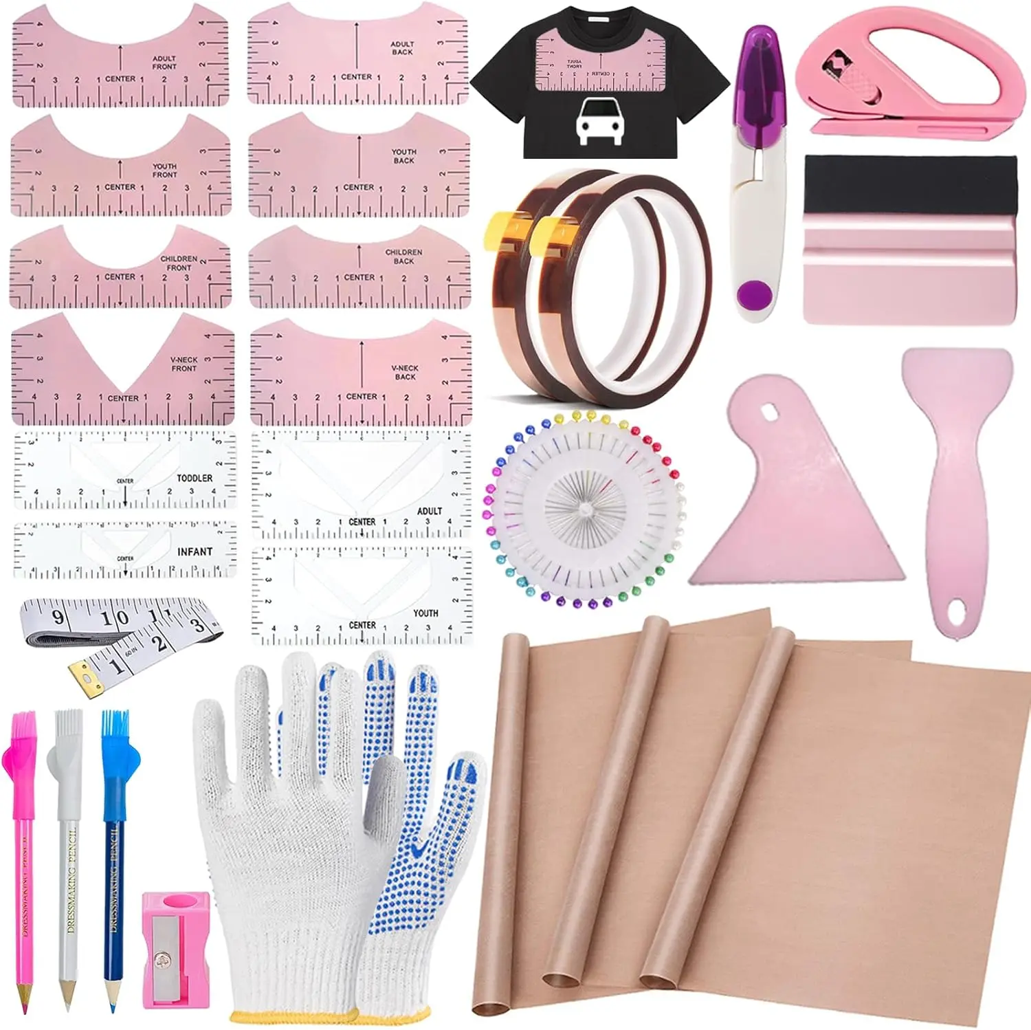 Sublimation Shirts Tool Kits 68 count Shirt Measure Ruler Set  Round  and V  Alignment T Shirt Guide Ruler Teflon Sheet for Heat Press 12 x 16in Heat Resistant Tape