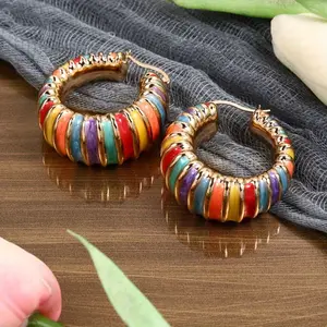 1 Pair of Colorful Striped Enamel Drop Earrings - Vintage & Elegant Rainbow Half-Hoop Design, High-Quality Unique Jewelry for Parties, Unisex