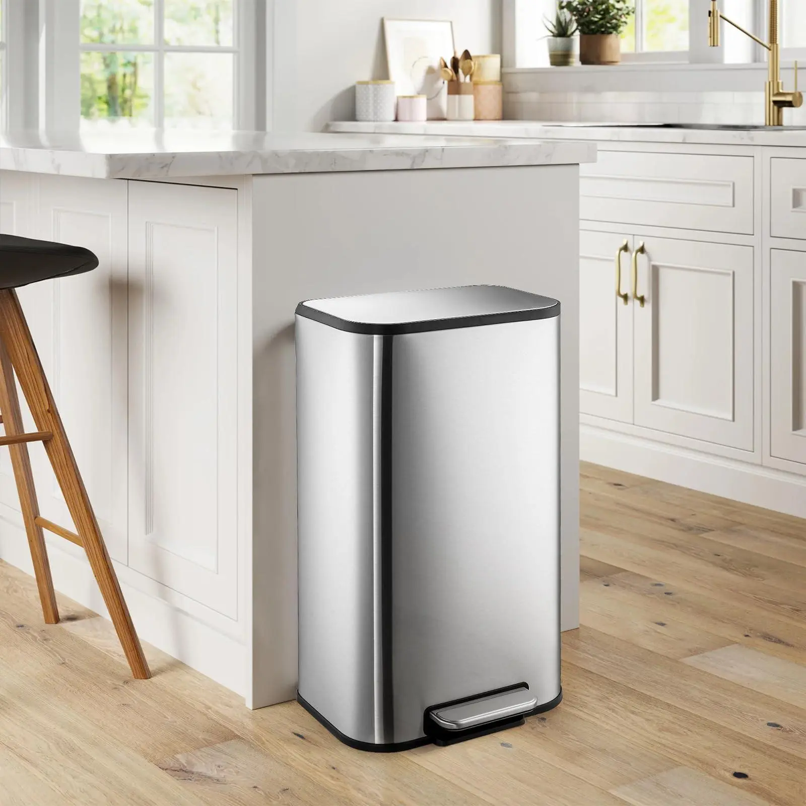 30L Stainless Steel Trash Can - 8 gal Rectangular Bin with Soft-Close Lid, Inner Bucket for Home Use, Single Unit Indoor Furniture Waste Container