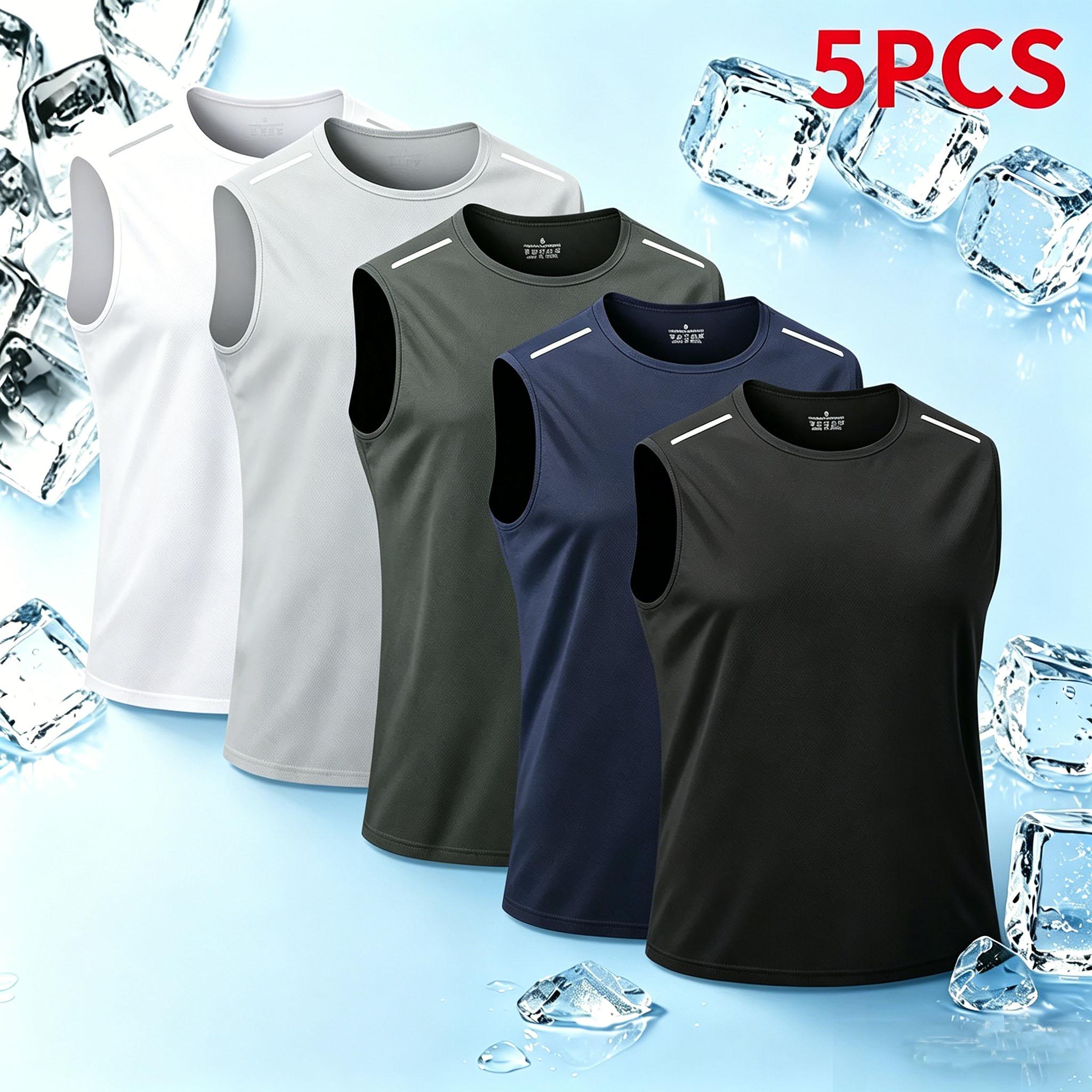 Set of 5 men’s sleeveless tank tops — fitness, running, casual athletic tops with a crew neck and striped design, stylish