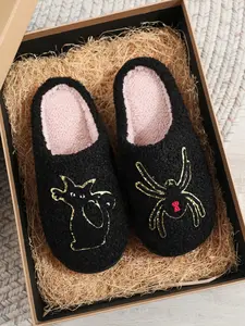 Halloween Spider Cat Embroidered Plush Slippers, Comfortable Indoor Home Shoes for Men & Women, Retro Style Gift Idea