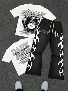 Unisex Graphic Sportswear All Seasons Set Cyber Y2K Skulls Helmet Girl T-Shirt & Flame Bell Bottom Pants Street Style