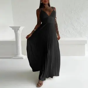 Chicme Women'S Bandeau Sleeveless Pleated Dress Elegant Flowy a Line Maxi Dress