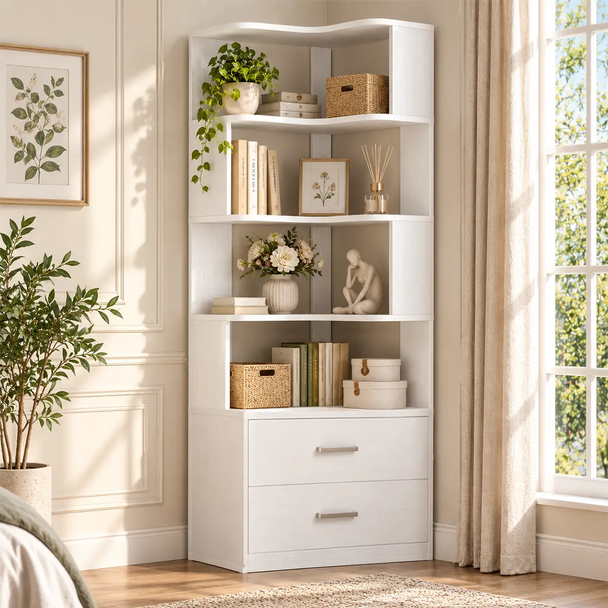 65.4" Tall Corner Bookshelf with 2 Drawers, Reversible L-Shaped Bookcase for Small Spaces, Vertical Storage Shelf for Books, Decor, Bedroom & Home Office