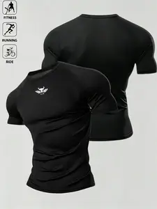 Men's Athleisure Workout Compression Tee, Fitness Shirts, Black Bull Logo Slim Fit Short Sleeve, Breathable Soft Fabric for Gym Training, Streetwear Casual Daily Outfit, Light Outdoor Sports Quick Dry Top for Gym Wear Fitness T-Shirt