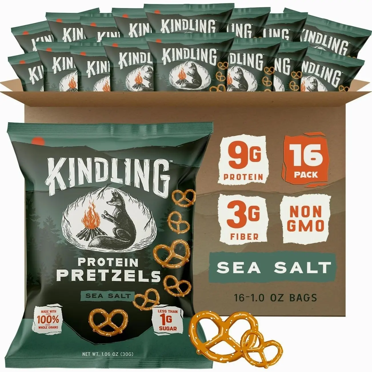 Kindling Protein Pretzels - Sea Salt | Protein-Packed Snack Size Bags | Kosher | 8-9g Protein Per Serving | No Artificial Flavors, Soy-Free | Lunches, Office Snacks, & On-the-Go | 16-Count (1.06oz Bags)