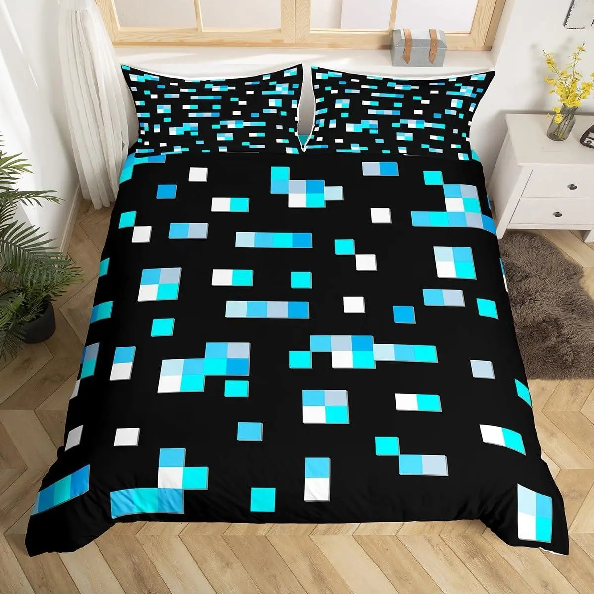 Blue Miner Square Duvet Cover,Geometric Grid Bedding Sets Adult Room Decor,Pixelated Games Comforter Cover Pixel Style Quilt Covers