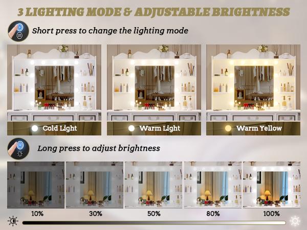 Miu Makeup Vanity with charging station and 11 Bulbs, 3 Lighting Modes, Large Mirror, 6 Drawers And 1 Cabinet, Come Up With Stool