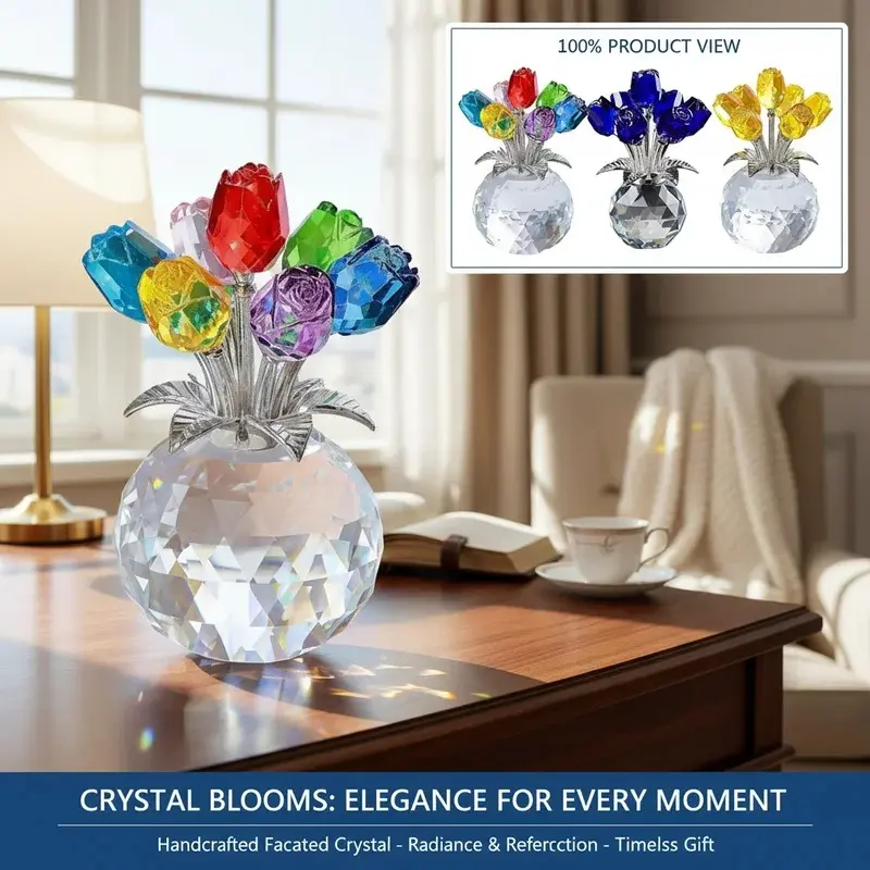 Colorful Crystal Gemstone Handmade Eternal Rose Flower Bouquet Ornament, Long Lasting Decorative Artificial Rose Figurine for Home Table Display & Romantic Holiday Gift