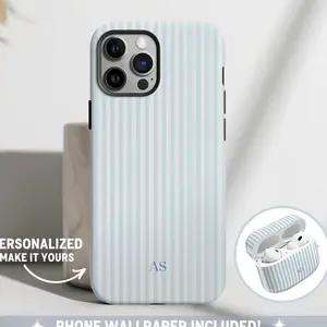 Personalized Blue Phone Case Custom Monogram iPhone Case Aesthetic Striped Phone Case Summer Coastal Phone Case Preppy Phonecase Blue Beachy