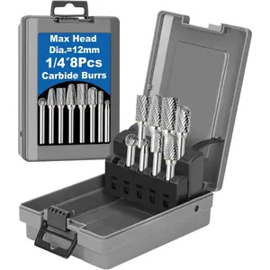 8 count Carbide Burr Set 1/4 Shank w/Grey Box Max  Dia 12mm   Bits Rotary Tools Attachment Kit Rasp Accessories Metal  Stone Steel Grinding Deburring  Porting Carving