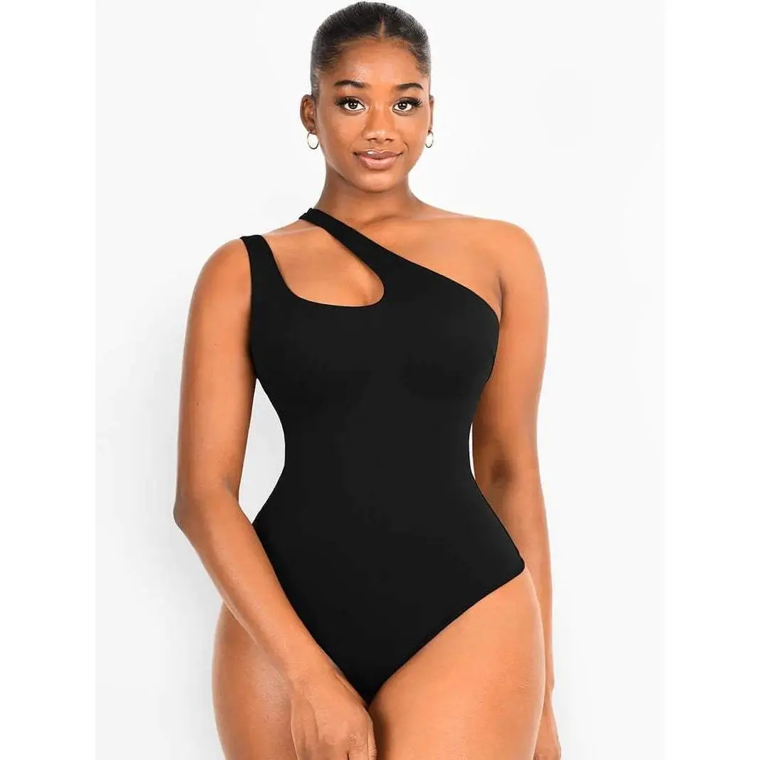 One-shoulder Cut Out Shapewear Bodysuit Fabric Mesh Tops Womenswear