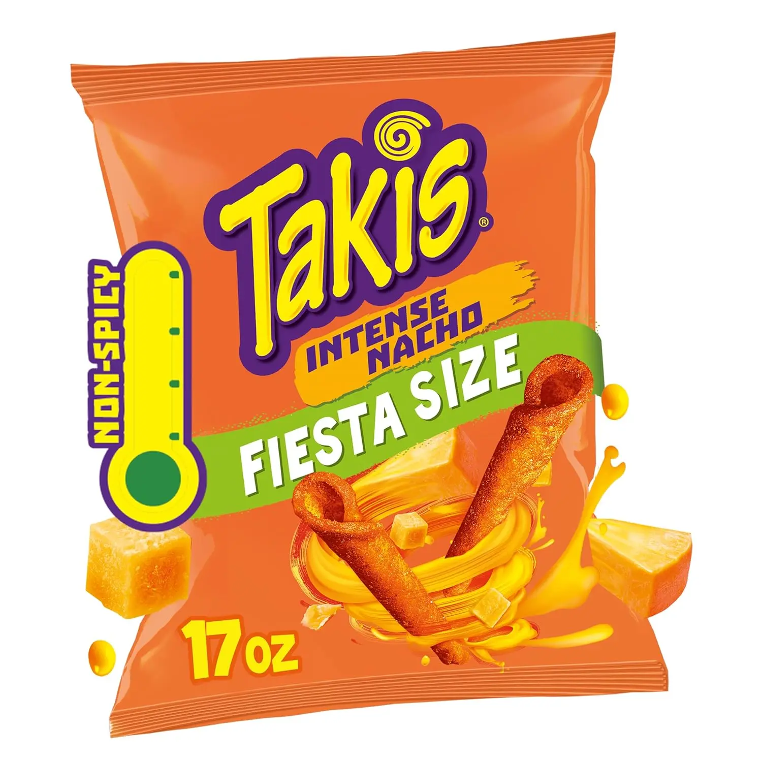 Takis Intense Nacho 17 oz Fiesta Size Bag, Cheese Flavored Non-Spicy Cheesy Rolled Tortilla Chips (Pack of 2)