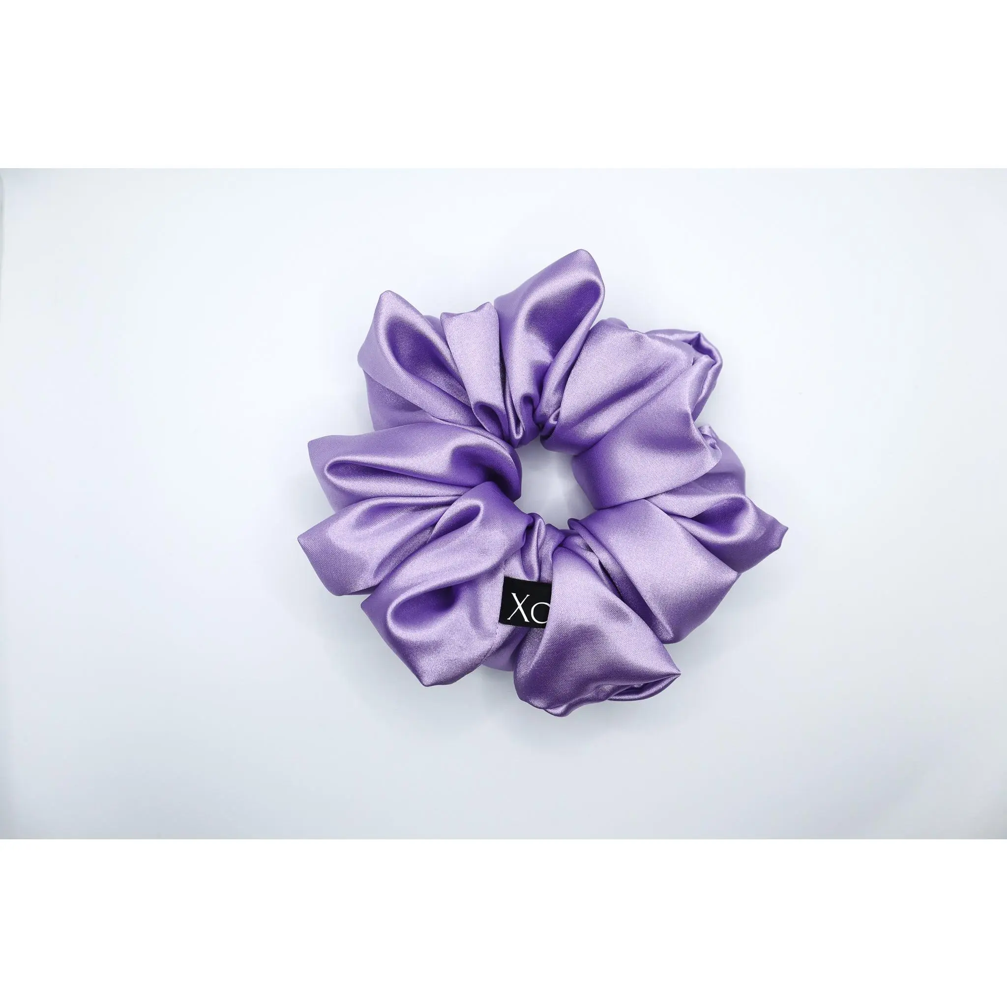 XO Scrunchies XL Satin Scrunchie in Lilac Handcrafted for Festive Holiday Glow Smooth Satin Fabric Wraps 2-3 Times Perfect Hair Accessory for the Season Solid Design Lilac Color 5 1/2 Diameter