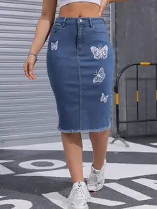 Women's Butterfly Print Raw Hem Denim Skirt, Fashion Casual Pocket Button Fly Knee Length Skirt for Daily Outdoor Wear, Ladies Bottoms for Summer