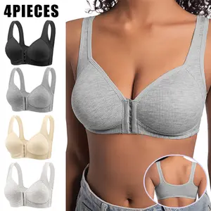EssElegance 4pcs Women's Hook & Eye Front Push Up Bra, Soft Comfortable Elegant Breathable Wireless Lingerie Top for Daily Wear, Bra Pack, Women's Lingerie for All Seasons correction set Back