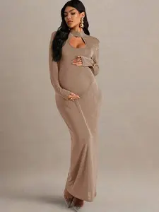 MISHELLA Maternity Solid Color Hollow Out Design Long Sleeve Fitted Elegant Dress Beige Dress Pregnant For Photoshoot