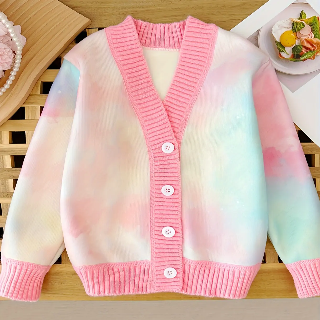 Girls' Boho Chic Tie-Dye Cardigan Soft V-Neck Long Sleeve Wrap Sweater with Single Button Closure Loose Fit for Spring Fall Layering Pastel Pink Ombre Colors Trendy Knit Clothing