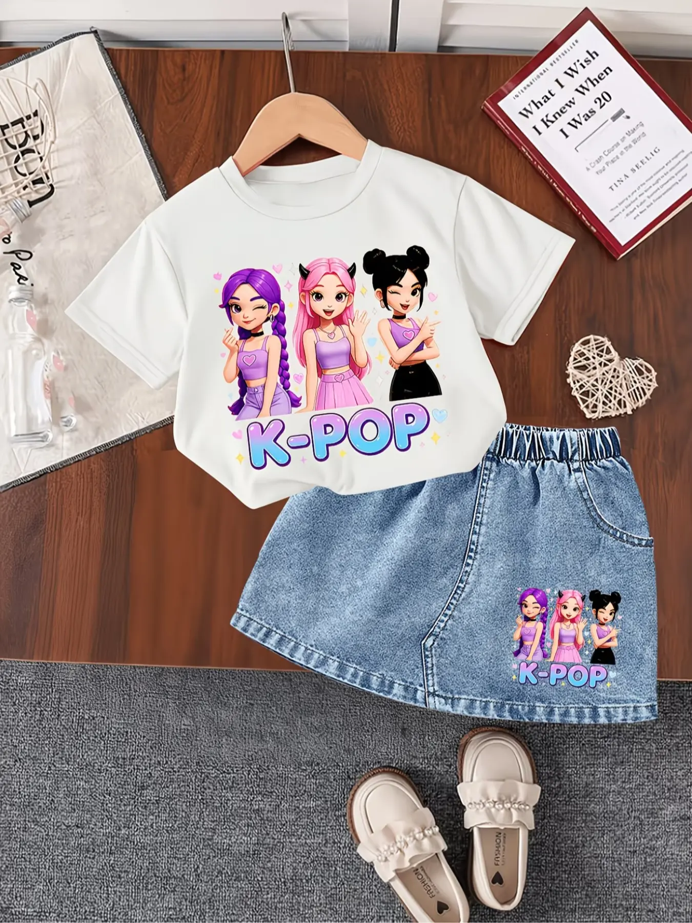 Girls' Korean Style 2-Piece Set: Tee + Denim Mini Skirt, Cartoon Print, High Saturation Colors, Elastic Waist, Comfortable Fit, Matching Outfits Set, Summer Outfits Set, Graphic Print Set
