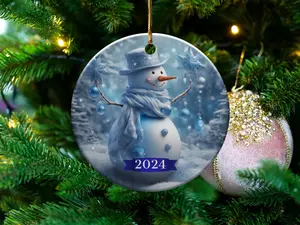 Snowman 2024 Ornament, 2024 Christmas Ornaments, Holiday Gift Idea, Heirloom Keepsake, Round Ceramic, Bauble Present