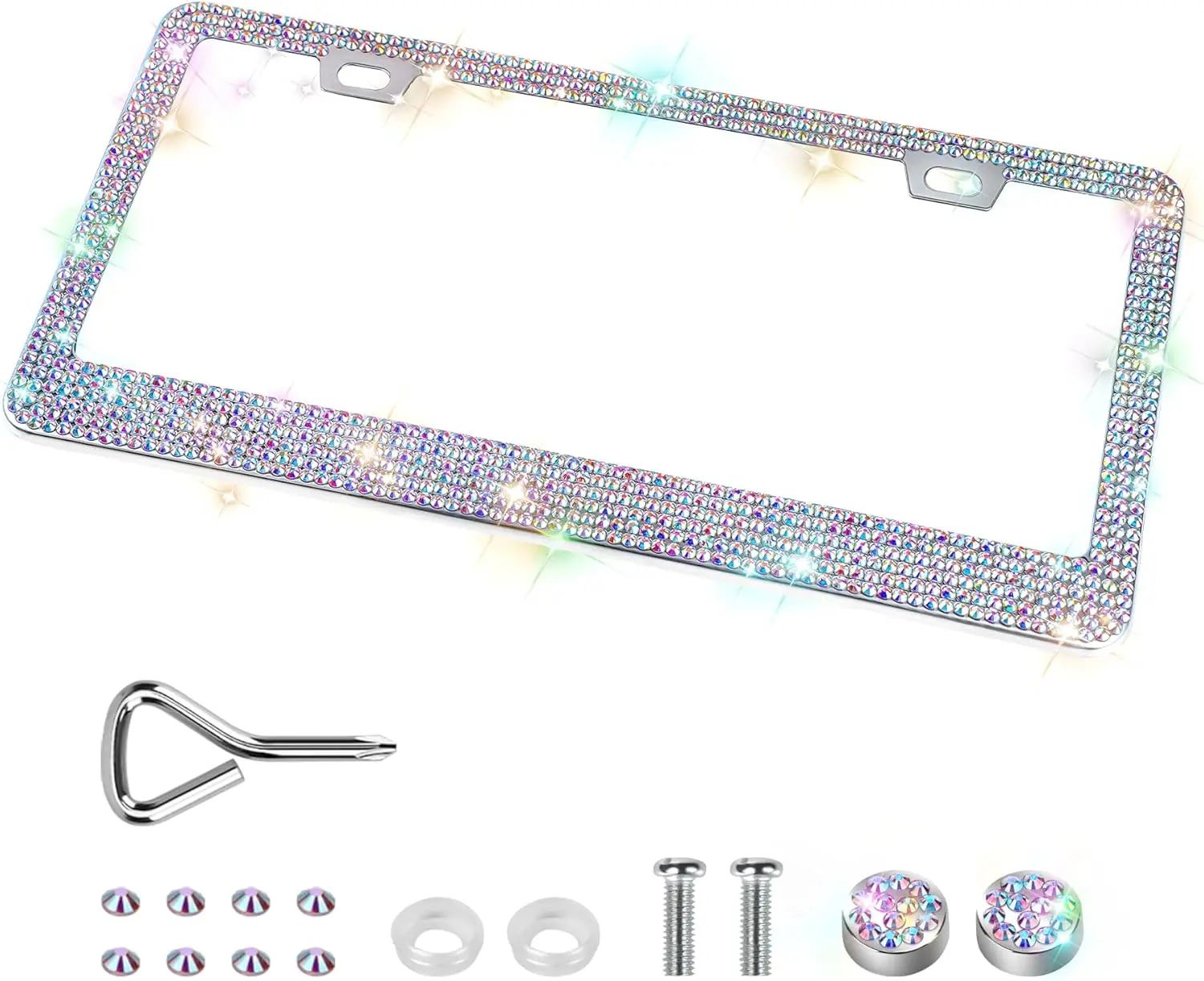 Bling License Plate Frames for Women, Sparkly Rhinestone Diamond Car Accessories with Glitter Crystal Caps (1 Pack Colorful)