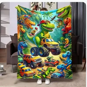 Cute Smiling Dinosaur Flannel Blanket - Soft & Cozy for Kids, Perfect Gift for Dinosaur Enthusiasts, Lightweight & Portable for Travel, Camping, or Office Use, Enhances Room Decor fabric perfect contemporary animal theme all-season cozy dinosaur hd digita