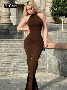 women's solid ruched halter neck bodycon dress, elegant fashion sleeveless split hem dress for party club dating wear, women dress for summer, womenswear