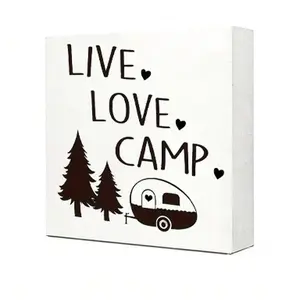 Live Love Camp Wooden Box Sign, Farmhouse Camping Decor, Small Wood Block Shelf Sitter with Pine Tree & Camper Design for RV, Cabin, Camper Trailer & Home
