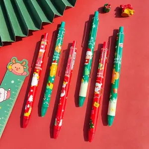 10/30pcs Christmas Themed Ballpoint Pens, Santa Claus, Snowman, Reindeer Print, Office Writing Tools, Press-Button Signing Pens, Water-Based Ink, Neutral, Christmas Gift Set