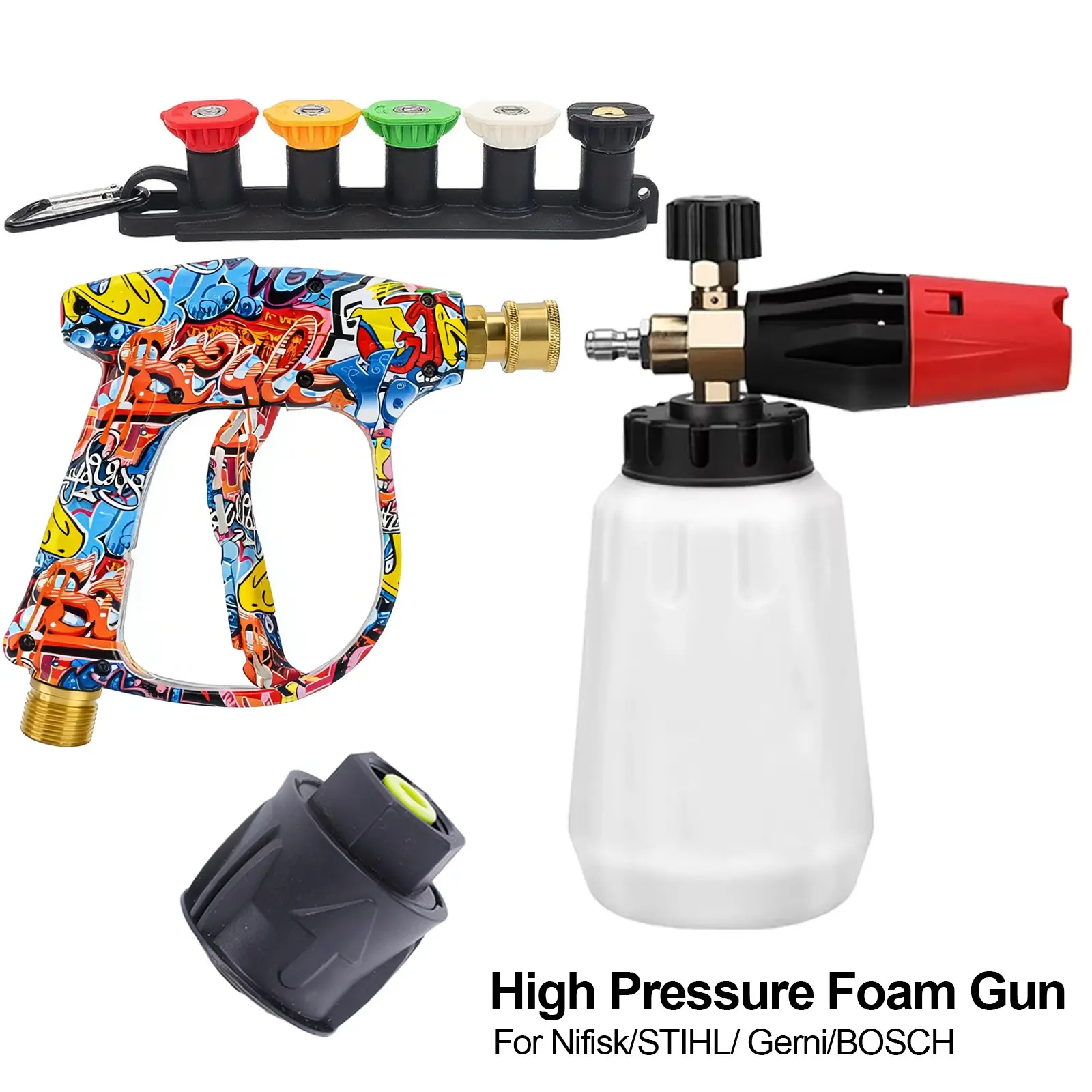 Graffiti Style High-Pressure Foam Sprayer, 1L Adjustable Snow Foam Lance with 1/4 Quick Nozzle Kit & Rubber Nozzle Holder, Compatible with Nifisk/STIHL/Gerni/BOSCH Pressure Washers, Car Detailing Cleaning Tool, Car Wash Equipment, Car Wash Supplies
