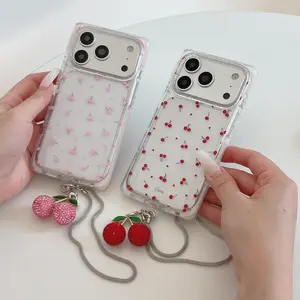 Square transparent pink cherry red case suitable for iPhone 15, popular girly 17 series phone case, ins16pro15promax 14iphone