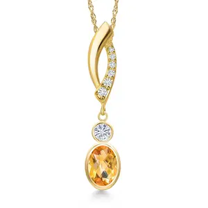 14K Yellow Gold Yellow Citrine and White Moissanite and Lab Grown Diamond Pendant Necklace for Women | 0.89 Cttw | Gemstone November Birthstone | Oval Checkerboard 7X5MM | With 18 Inch Chain