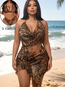 Women's Plus Size Sexy Halter Tie Triangle Bikini Set with Cover-Up, Casual Slim-Fitting Swimsuit for Beach Pool