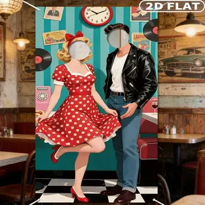 1 count 2D FLAT 50s Party Theme Photo Booth Props | Photo Banner Decor, 50'S Rock and Roll Photo Door Backdrop Props Decor Sock Hop Large Fabric Photography Background Party Supplies for Indoor Outdoor Decorations Supplies