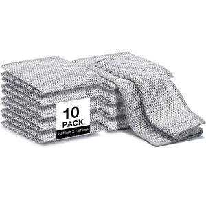 5/10 Pack Ultra-fine Fiber Non-greasy Metal Scrubbing Cloth, Square Size 20cm/7.87in, Scratch-resistant Design, Reusable 3-layer Thickened Silver Dishcloth, Durable Kitchen Scrubber