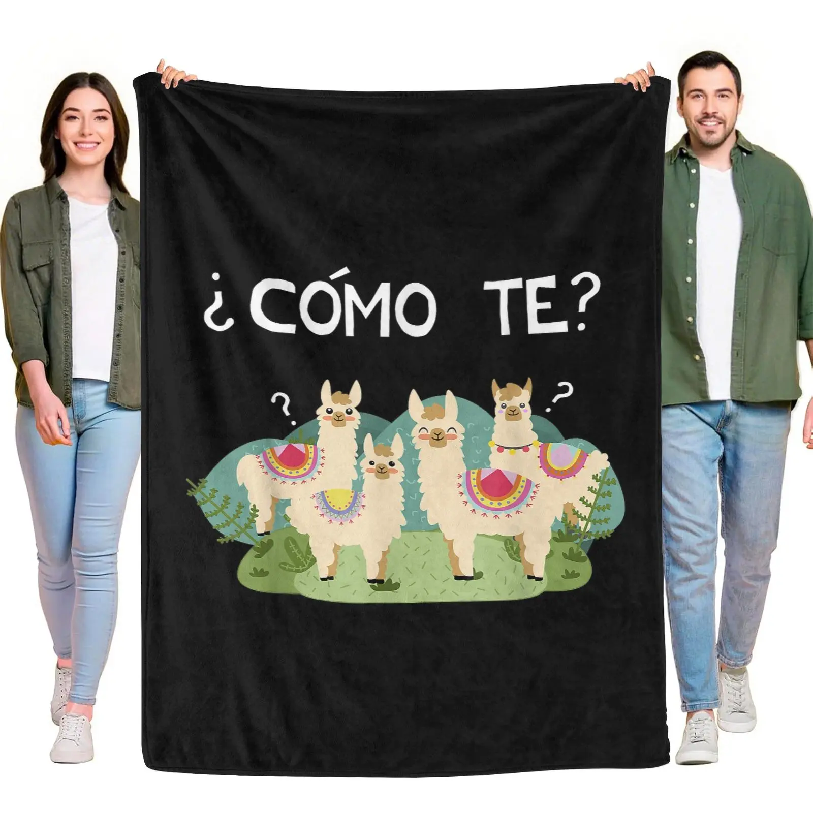 Flannel Throw Blanket, Cozy Home Decor, Funny Cartoon Alpaca Llama Graphic, Spanish Language Design on Black Background, Soft Home Supplies Tapestry