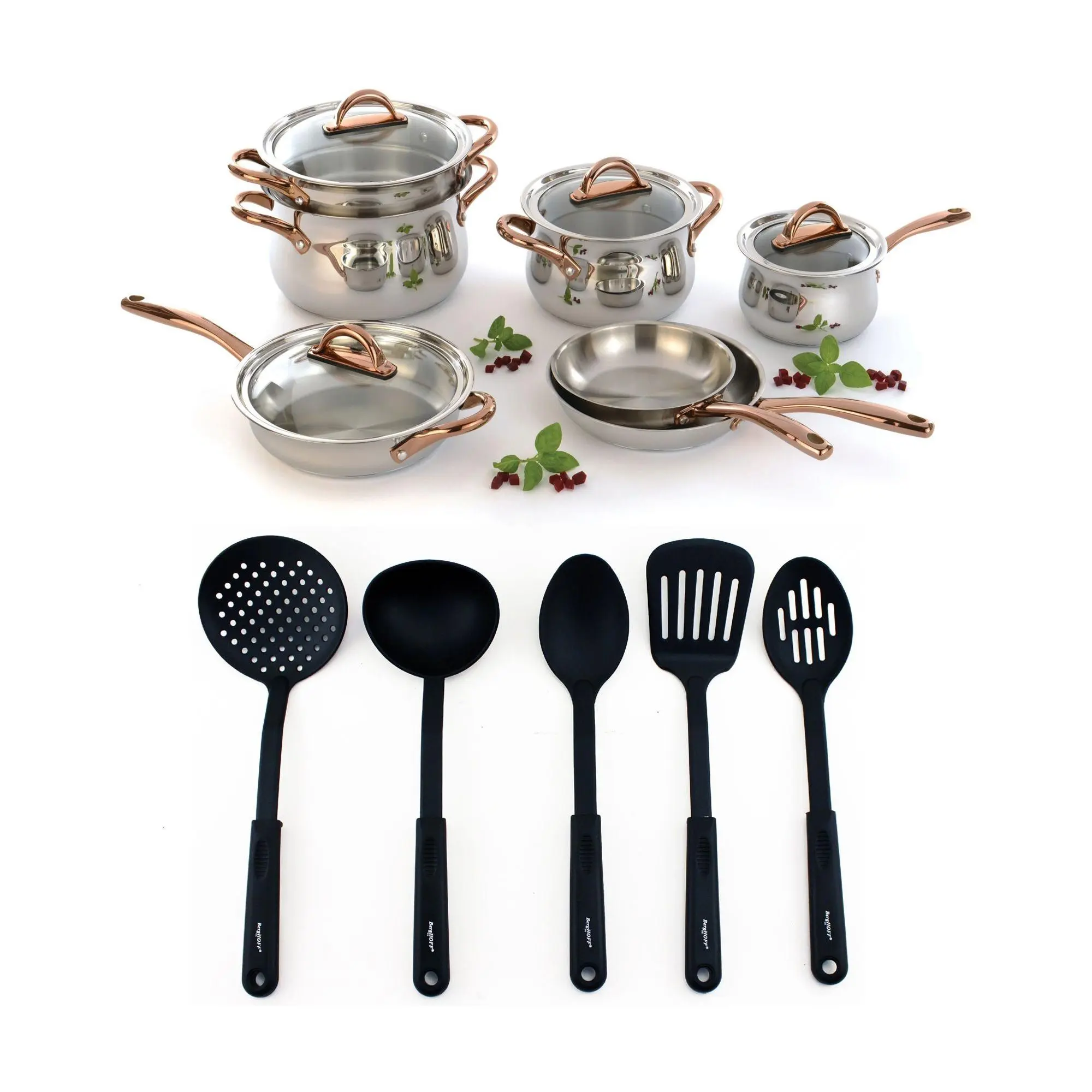 BergHOFF Ouro G old 16Pc 18/10 SS Cookware Set with Glass Lid