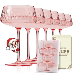 Pink Martini Glasses Set of 6,Pink Vintage Champagne Coupe Glasses, Large Margarita Glasses, Crystal Retro Style Bar Drinking Glasse Drinkware