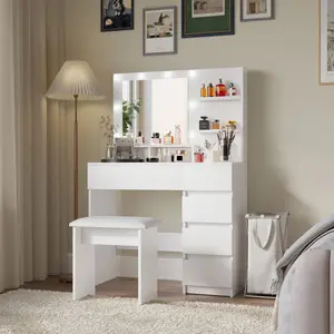 Modern Makeup Vanity Table - Dressing Vanity Table with Stool, Mirror, LED Lights, Power Strip, Hair Dryer Rack, Storage & Anti-Tip Device, White Indoor Furniture for Bedroom