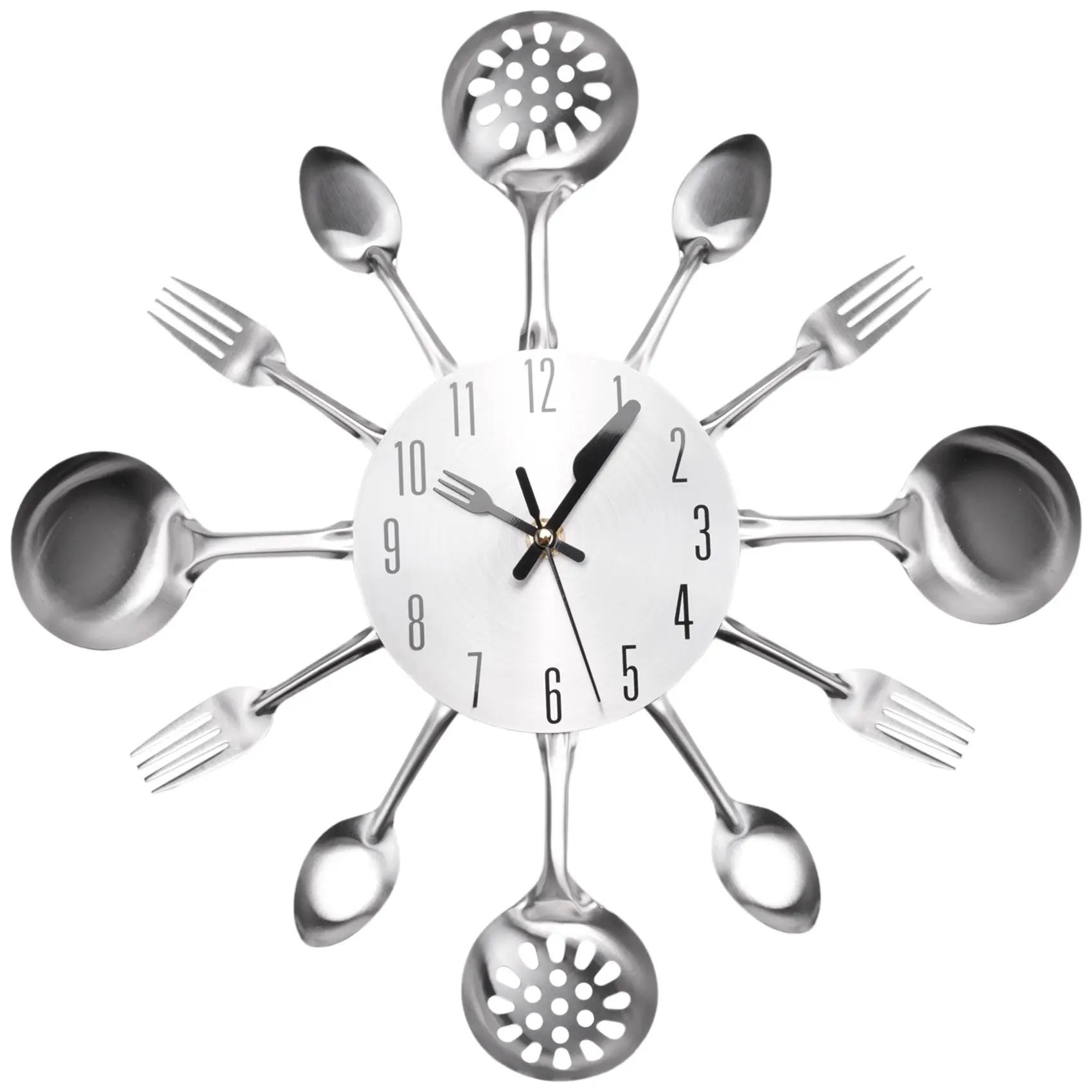 Stainless Steel 14-in 3D Fork & Spoon Non-Ticking Quartz Wall Clock, Silver Kitchen Cutlery Decor for Home Bedroom