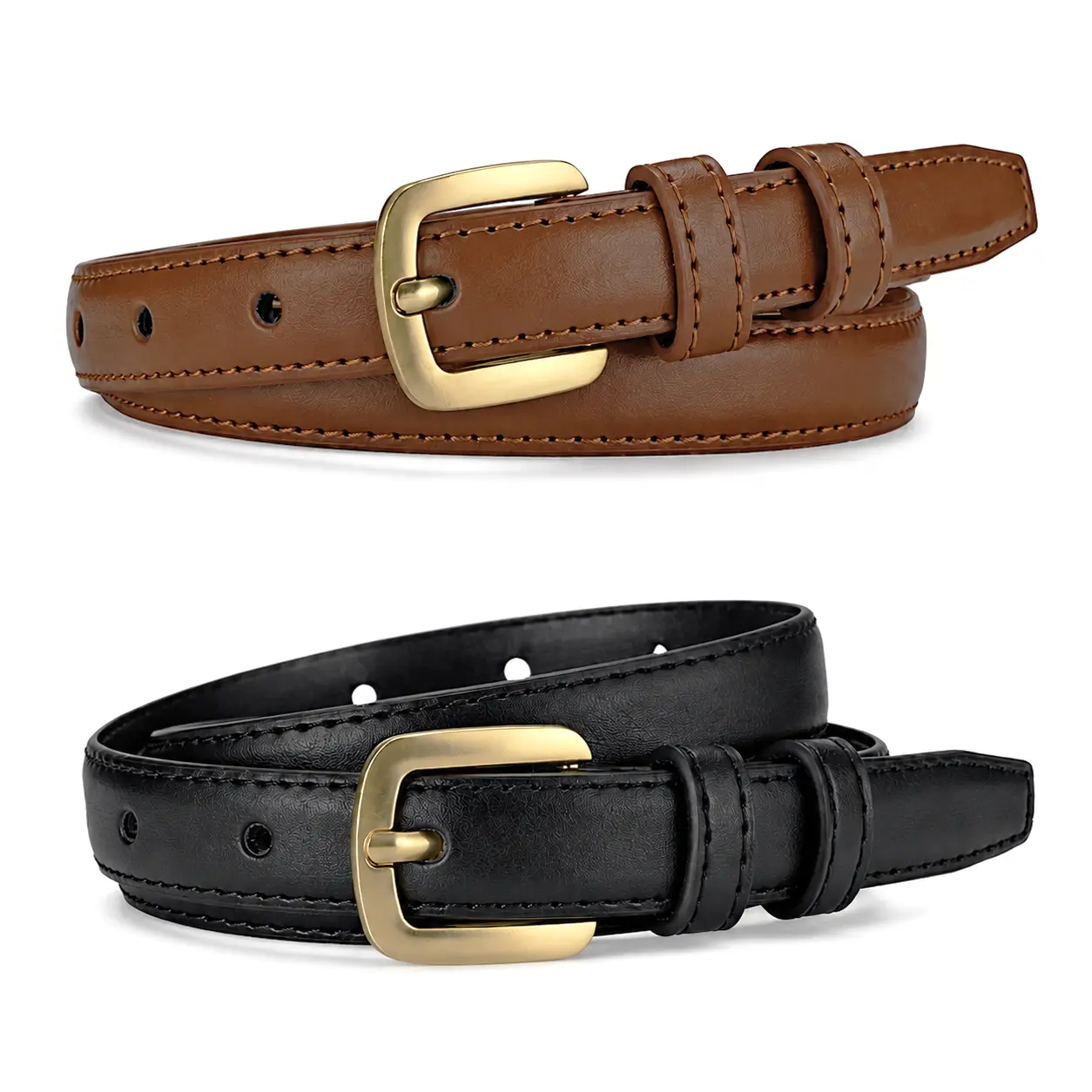 Women's Minimalist Soft PU Leather Skinny Belt - Adjustable Thin Waist Belt with Gold Square Buckle for Female Casual Wear Jeans, Dresses, 105cm, Black & Brown