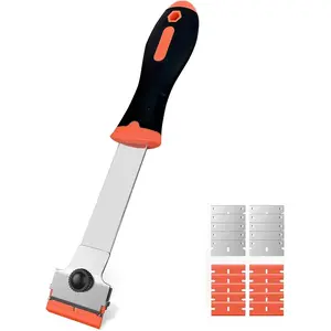 Razor Blade Scraper, Long Handle Scraper Tool with 10 Plastic and 10 Metal Blades - Ideal for Removing Labels, Stickers, Appliance Grease, and More from Windshields, Tint, and Glass (Orange)