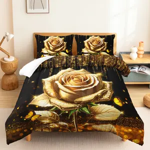 3pcs Golden Rose Comforter Set, Luxurious Duvet Set for Girls and Adults Bedroom or Guest Room Decor, Premium Soft All Seasons Comforter   Microfiber Quilt with 2 Pillowcases , Gifts for the Family Machine Washable