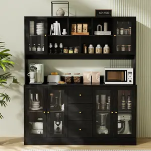 68.1"  Freestanding Cabinet with 6 Glass Door Hutch, 3 Drawers,Shelves with Open Compartments for Coffee&Tea Bar, Dish Display & Pantry Organization