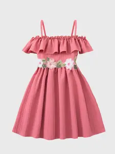 Summer Girls Off-Shoulder Ruffled Midi Dress, Cute Floral Embroidery Fitted Style for Sweet Fashion, Ideal Summer, Ruffle Strap Dress
