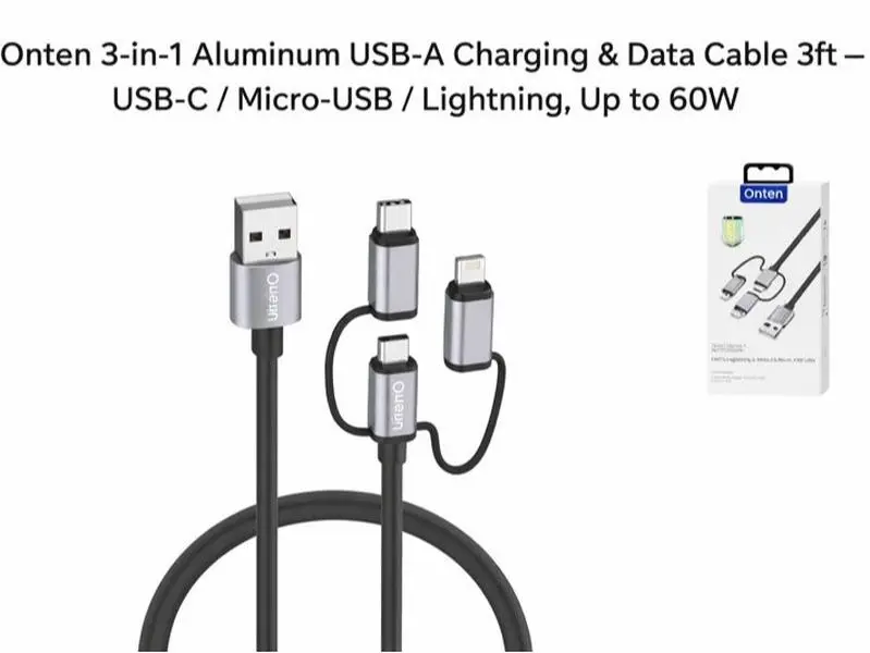 Onten 3-in-1 Aluminum USB-A Charging & Data Cable 3ft – USB-C / Micro-USB / Lightning, Up to 60W