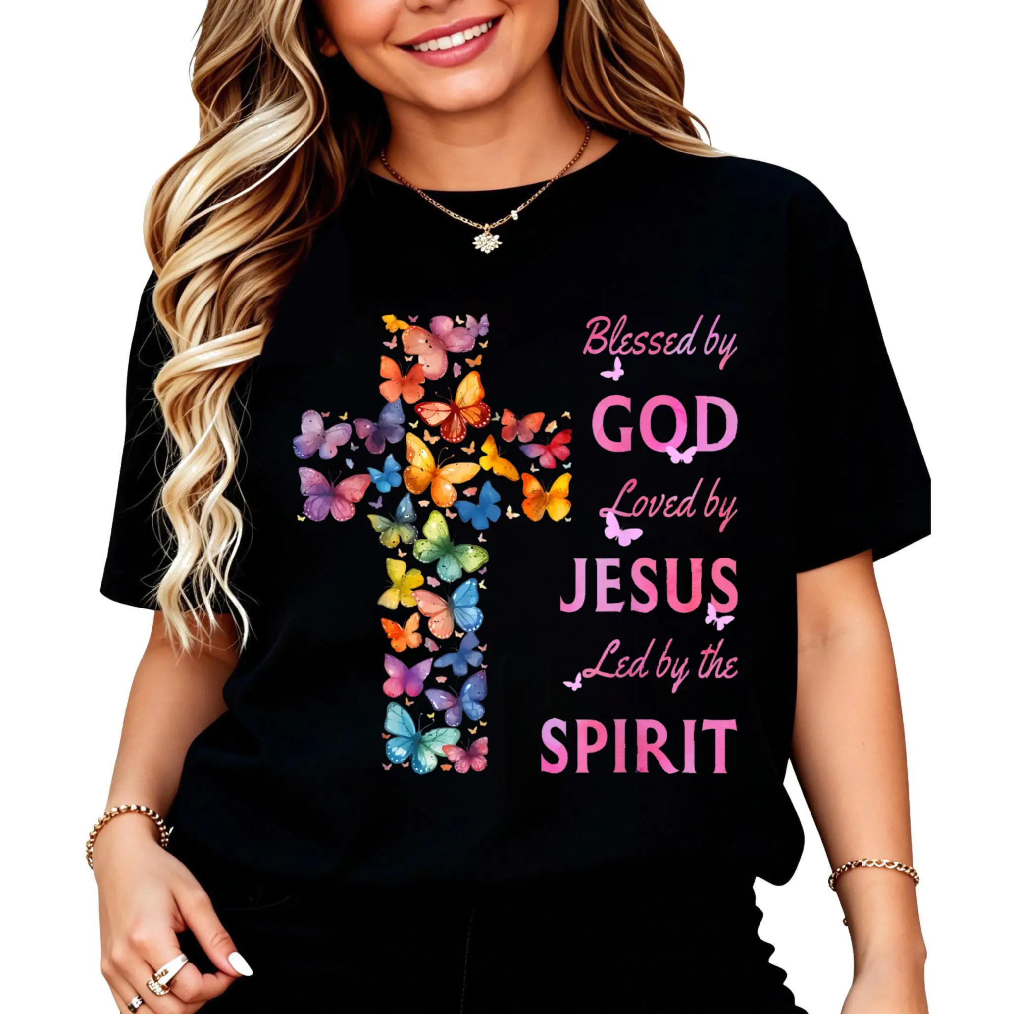 Blessed by God Loved by Jesus Butterfly Cross T-Shirt