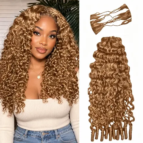 Bling Hair Miracle Knots Crochet Human Hair Burmese Curly Crochet Hair for Women Pre-Separated Feather Crochet Human Hair 22 Inch 50g 27# Brown Honey Blend Color Premium Invisible Crochet Hair No Tangle