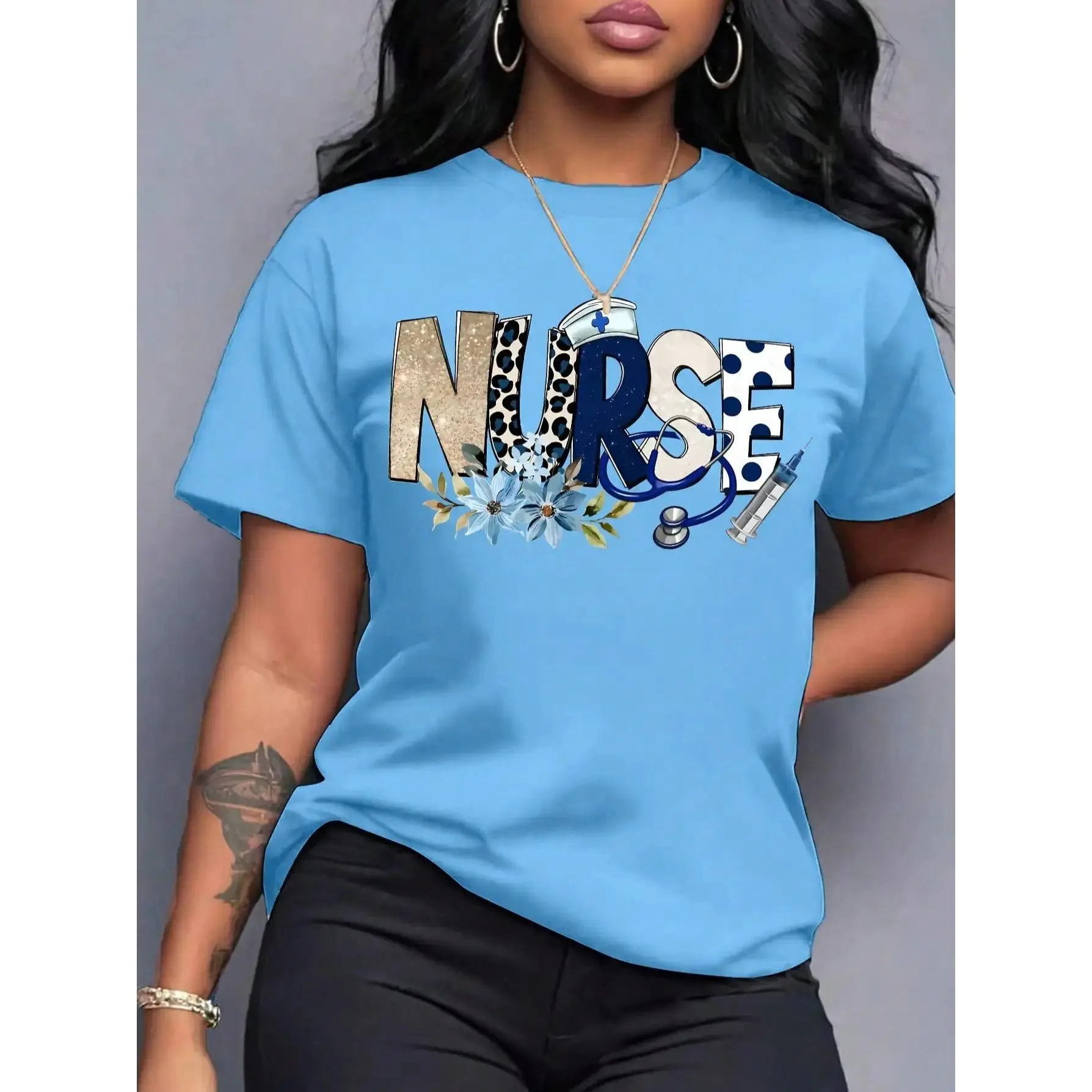 Women's Cute Nurse Print Short-Sleeve T-Shirt - 100% Cotton Soft Fabric, Casual Round Neck Fit Top for Nurses Day, Shortsleeve, Regular
